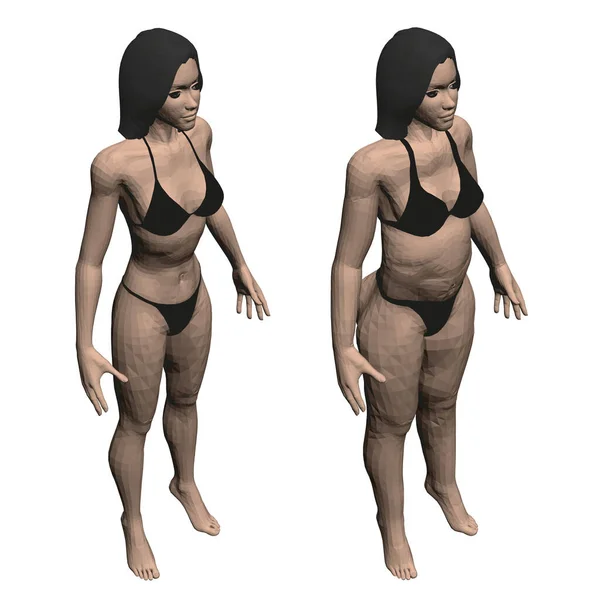 Duas modelos de cuecas, uma rapariga magra e gorda. O processo de obesidade do corpo da menina. Vista isométrica. 3D. Ilustração vetorial —  Vetores de Stock