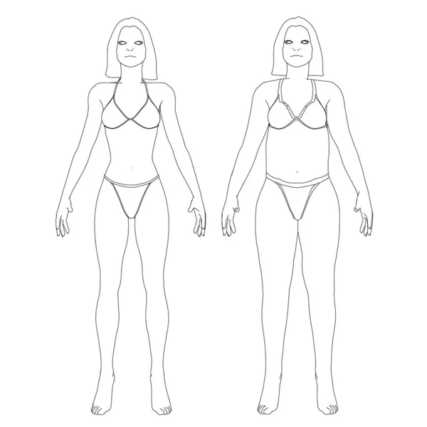 Le contour d'une fille en sous-vêtements, une fille mince et grosse. Le processus d'obésité du corps de la fille. Vue de face. Illustration vectorielle — Image vectorielle