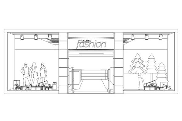 El contorno de una tienda con escaparates. Tienda de ropa con maniquíes. Vista frontal. Ilustración vectorial — Archivo Imágenes Vectoriales