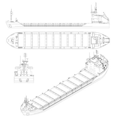 Beyaz arka planda izole edilmiş siyah çizgilerdeki konteynırlar için bir kargo gemisinin hatlarıyla ayarlandı. Yan görünüş, üst, ön, izometrik. Vektör illüstrasyonu