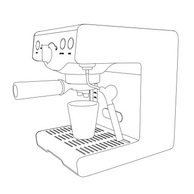 Beyaz arka planda izole edilmiş siyah çizgilerden oluşan bir kahve makinesinin taslağı. Bakış açısı. Vektör illüstrasyonu