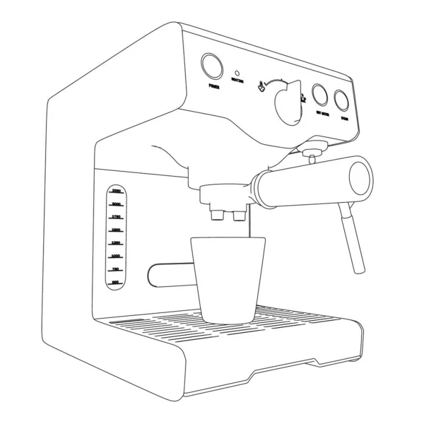 Περίγραμμα μηχανής καφέ από μαύρες γραμμές που απομονώνονται σε λευκό φόντο. Προοπτική άποψη. Εικονογράφηση διανύσματος — Διανυσματικό Αρχείο