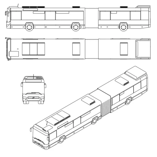 Beyaz arka planda izole edilmiş siyah çizgilerden oluşan uzun bir otobüsün hatlarıyla ayarlandı. Ön, yan, üst, izometrik görüş. Vektör illüstrasyonu — Stok Vektör