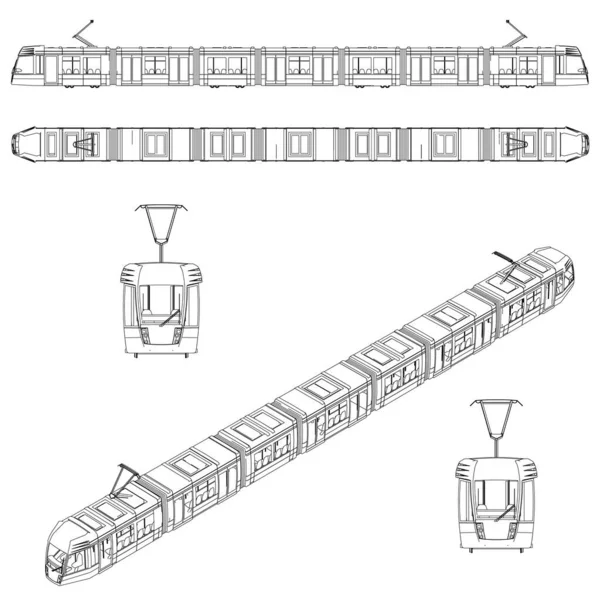 Set met de contouren van een passagierstrein van zwarte lijnen geïsoleerd op een witte achtergrond. Zijaanzicht, boven, voor, isometrisch. Vectorillustratie — Stockvector