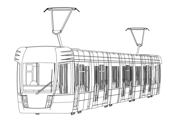 Umrisse eines Personenzuges aus schwarzen Linien isoliert auf weißem Hintergrund. Perspektivischer Blick. Vektorillustration — Stockvektor