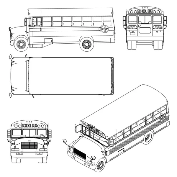 Set mit den Konturen des Schulbusses aus schwarzen Linien Isoliert auf weißem Hintergrund. Seitenansicht, oben, vorne, hinten, isometrisch. Vektorillustration — Stockvektor