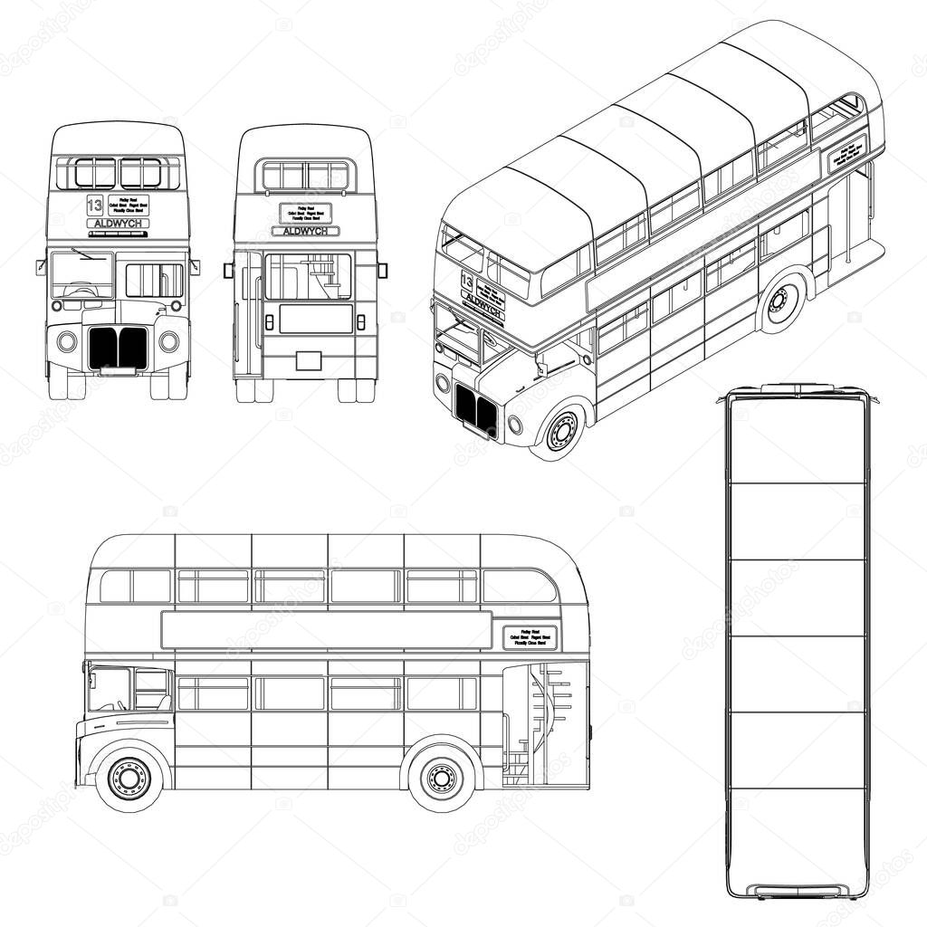 Set with the contours of a double-decker retro English bus from black lines isolated on a white background. Front, back, side, top, isometric view. Vector illustration