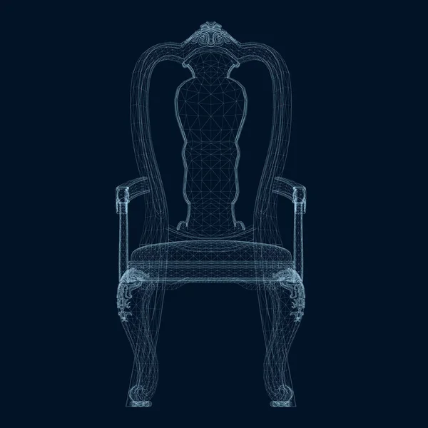Wireframe dekoracyjnego fotela z niebieskich linii odizolowanych na ciemnym tle. Z przodu. 3D. Ilustracja wektora — Wektor stockowy