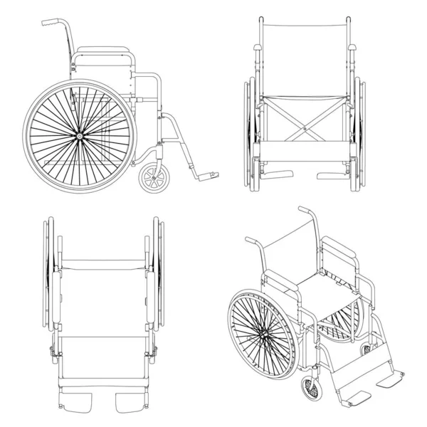 Set med konturer av rullstolar isolerad på vit bakgrund. Isometrisk vy, framifrån, uppifrån och sida. Vektorillustration — Stock vektor