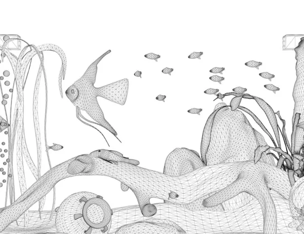 Rama przewodowa akwarium z rybami z czarnych linii odizolowanych na białym tle. 3D. Ilustracja wektora — Wektor stockowy
