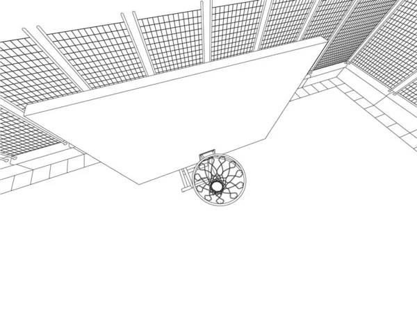 O contorno de um aro de basquete no campo, cercado com uma rede de linhas pretas isoladas em um fundo branco. Vista de cima. 3D. Ilustração vetorial — Vetor de Stock