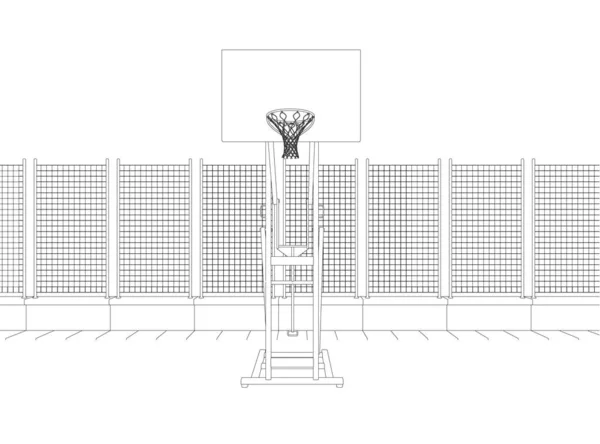 Το περίγραμμα ενός στεφανιού μπάσκετ στο γήπεδο, περιφραγμένο με ένα δίχτυ από μαύρες γραμμές που απομονώνονται σε λευκό φόντο. 3D. Εικονογράφηση διανύσματος — Διανυσματικό Αρχείο