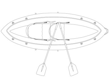 Beyaz arka planda siyah çizgilerle izole edilmiş kauçuk bir tekne. Yukarıdan bak. Vektör illüstrasyonu