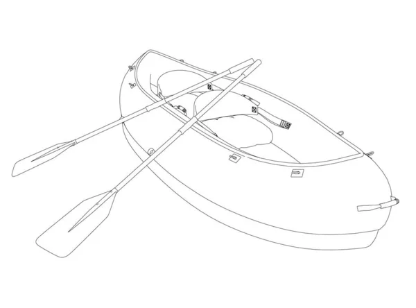 Contorno de un bote de goma con remos de líneas negras aisladas sobre fondo blanco. Ilustración vectorial — Archivo Imágenes Vectoriales