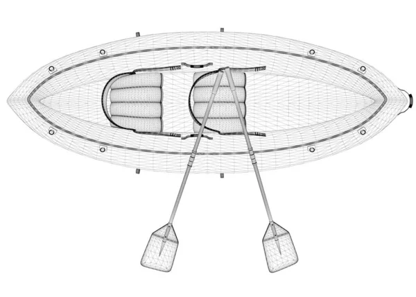 Провод резиновой лодки с веслами из черных линий, изолированных на белом фоне. Вид сверху. 3D. Векторная иллюстрация — стоковый вектор
