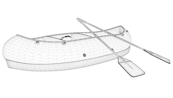 Провод резиновой лодки с веслами из черных линий, изолированных на белом фоне. 3D. Векторная иллюстрация — стоковый вектор
