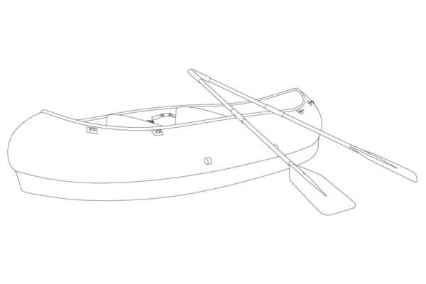 Contorno de um barco de borracha com remos de linhas pretas isoladas sobre um fundo branco. Ilustração vetorial — Vetor de Stock