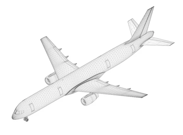 Passagiersvliegtuig draadframe geïsoleerd op witte achtergrond. Isometrische kijk. Een 3D. Vectorillustratie — Stockvector