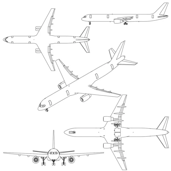 Definido com os contornos de um avião de passageiros em diferentes posições a partir de linhas pretas Isolado sobre um fundo branco. Cinco contornos de avião. Ilustração vetorial Ilustrações De Bancos De Imagens Sem Royalties