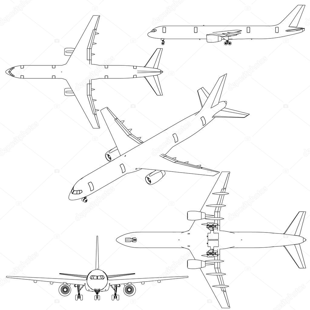 Set with the contours of a passenger plane in different positions from black lines Isolated on a white background. Five airplane contours. Vector illustration