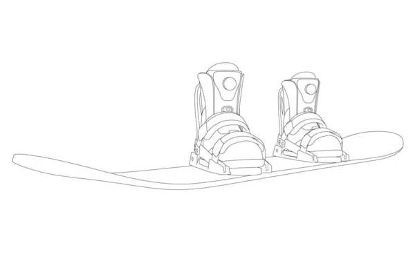 El contorno de la tabla de snowboard con las botas para el snowboarder de las líneas negras aisladas sobre el fondo blanco. Ilustración vectorial — Vector de stock