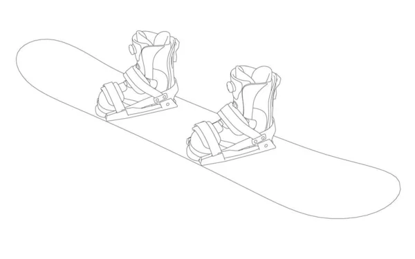 Contorno de um snowboard com botas de um snowboarder de linhas pretas isoladas em um contexto branco. Ilustração vetorial — Vetor de Stock