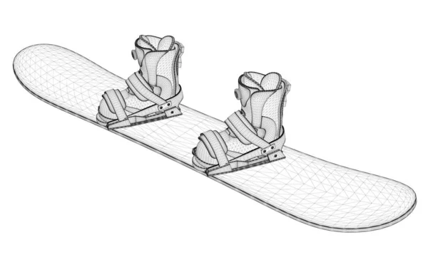Snowboard wireframe with boots for the snowboarder from black lines isolated on white background. 3D. Vector illustration — Stock Vector
