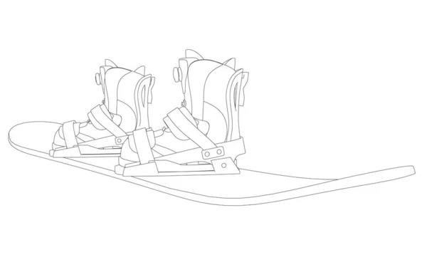 Kontur av en snowboard med pjäxor för en snowboardåkare från svarta linjer isolerade på en vit bakgrund. Vektorillustration — Stock vektor