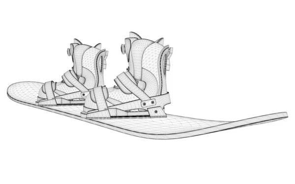 Snowboard drureframe z butami dla snowboardzisty z czarnych linii izolowanych na białym tle. 3D. Ilustracja wektora — Wektor stockowy