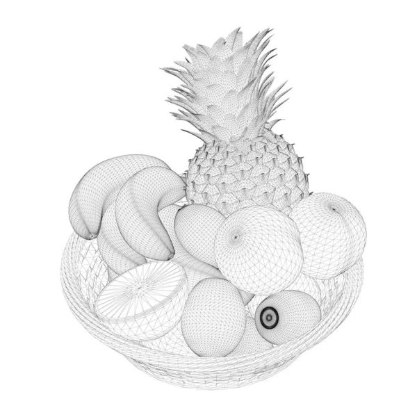 Drahtgestell von Obstkorb aus schwarzen Linien isoliert auf weißem Hintergrund. Bananen, Äpfel, Ananas im Korb. 3D. Vektorillustration — Stockvektor