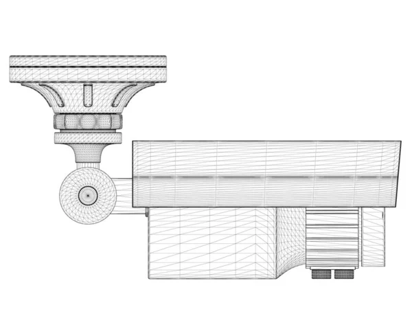 Cámara CCTV Wireframe de líneas negras aisladas sobre fondo blanco. Vista lateral. 3D. Ilustración vectorial — Archivo Imágenes Vectoriales