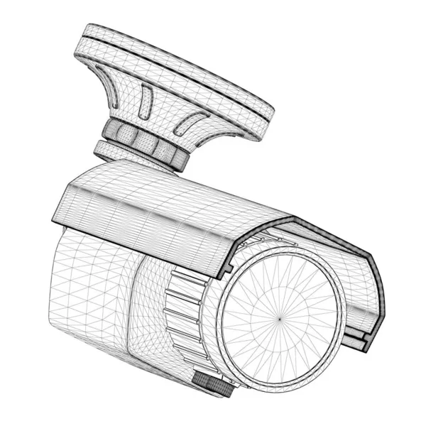 Wireframe câmera cctv de linhas pretas isoladas no fundo branco. Vista frontal. 3D. Ilustração vetorial — Vetor de Stock