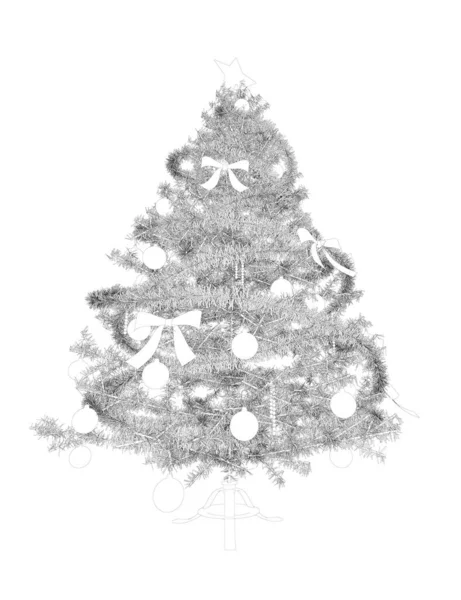 Contorno de un árbol de Navidad vestido con juguetes, oropel y cintas de líneas negras aisladas sobre un fondo blanco. Ilustración vectorial — Archivo Imágenes Vectoriales