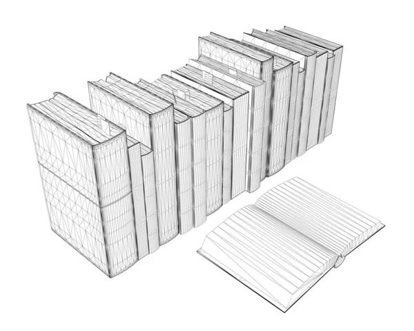 Wireframe de pila de libros de líneas negras aisladas sobre fondo blanco. Un libro abierto. Vista isométrica. 3D. Ilustración vectorial — Vector de stock