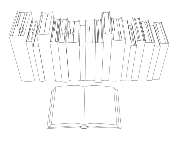 Περίγραμμα μιας στοίβας βιβλίων από μαύρες γραμμές που απομονώνονται σε λευκό φόντο. Ένα ανοιχτό βιβλίο. Θέα από ψηλά. Εικονογράφηση διανύσματος — Διανυσματικό Αρχείο