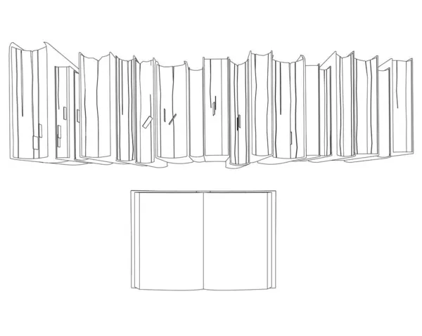 在白色背景上与黑线隔开的书堆中盘旋。一本翻开的书从上面看矢量说明 — 图库矢量图片