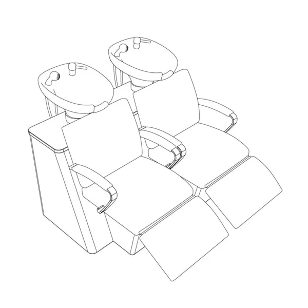 Kontur zweier Stühle zum Waschen des Kopfes in einem Salon aus schwarzen Linien, isoliert auf weißem Hintergrund. Isometrische Sicht. Vektorillustration — Stockvektor