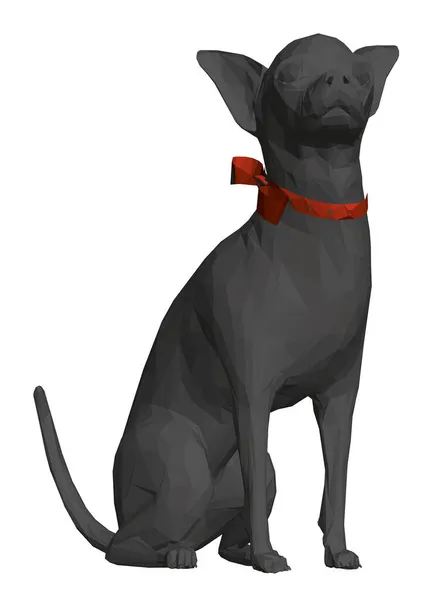 Модель чёрной сидящей собаки с красным воротником на белом фоне. 3D. Векторная иллюстрация — стоковый вектор