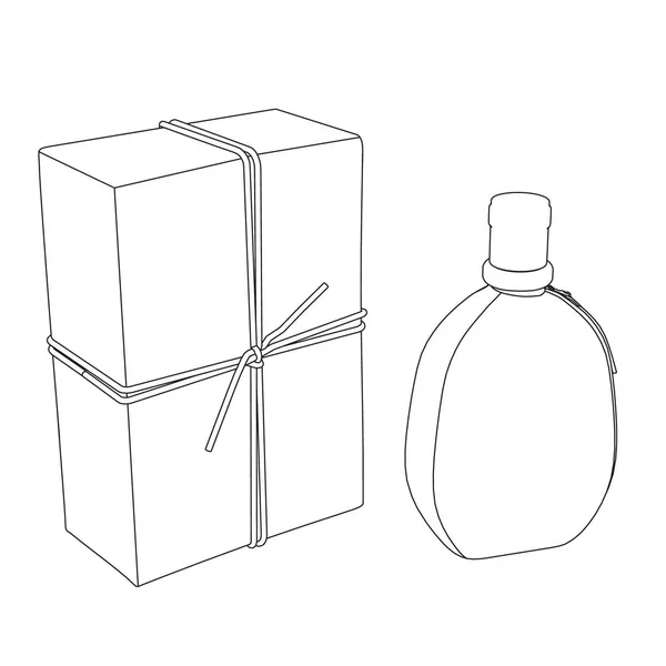 Contorno da garrafa de perfume com embrulho presente de linhas pretas isoladas em fundo branco. Ilustração vetorial —  Vetores de Stock