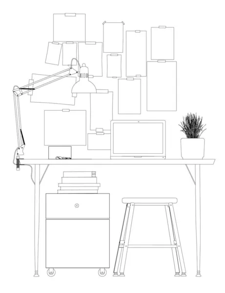 Die Umrisse des Arbeitsplatzes mit Laptop, Lampe und Blumentopf. Frontansicht. Vektorillustration — Stockvektor