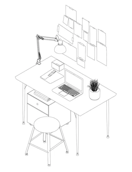 Die Umrisse des Arbeitsplatzes mit Laptop, Lampe und Blumentopf. Isometrische Sicht. Vektorillustration — Stockvektor