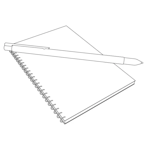 Контур блокнота с ручкой из черных линий изолирован на белом фоне. Изометрический вид. Векторная иллюстрация — стоковый вектор