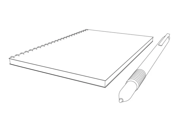 Umrisse eines Notizblocks mit Stift aus schwarzen Linien auf weißem Hintergrund. Perspektivischer Blick. Vektorillustration — Stockvektor
