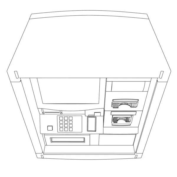 Esboço de uma máquina ATM para dispensar dinheiro de linhas pretas isoladas em um fundo branco. Vista de cima. Ilustração vetorial — Vetor de Stock