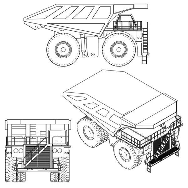 Set with the contours of a dump truck from black lines isolated on a white background. Side view, front, isometric. Vector illustration — Stock Vector