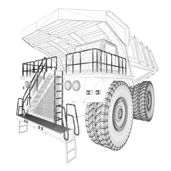 Dump teherautó kontúr fekete vonalak elszigetelt fehér háttér. Kilátás. 3D-ben. Vektorillusztráció — Stock Vector