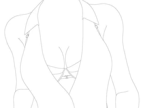 Kontur eines weiblichen Oberkörpers in einer Jacke mit üppigen Brüsten in einem BH mit schwarzen Linien auf weißem Hintergrund. Vektorillustration — Stockvektor