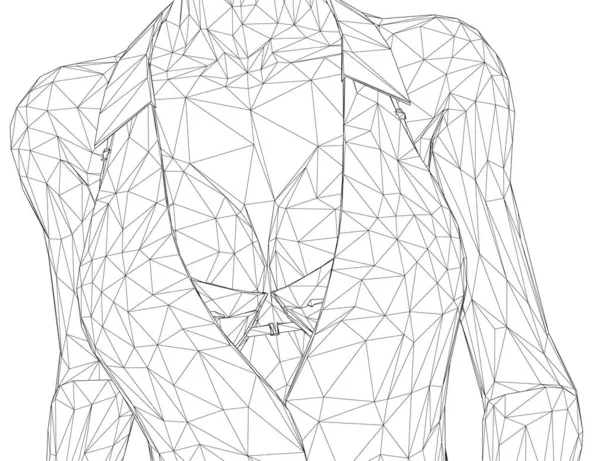 Estructura de alambre de un torso femenino en una chaqueta con unos pechos exuberantes en un sujetador de líneas negras aisladas sobre un fondo blanco. 3D. Ilustración vectorial — Vector de stock