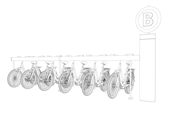 Kontur parkingu rowerowego z czarnych linii odizolowanych na białym tle. Sześć rowerów Wektor ilustracji — Wektor stockowy