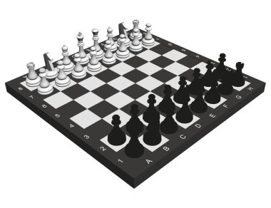 Beyaz bir arka planda izole edilmiş satranç tahtasındaki satranç taşları. Isome Manzarası. Üç boyutlu. Vektör illüstrasyonu
